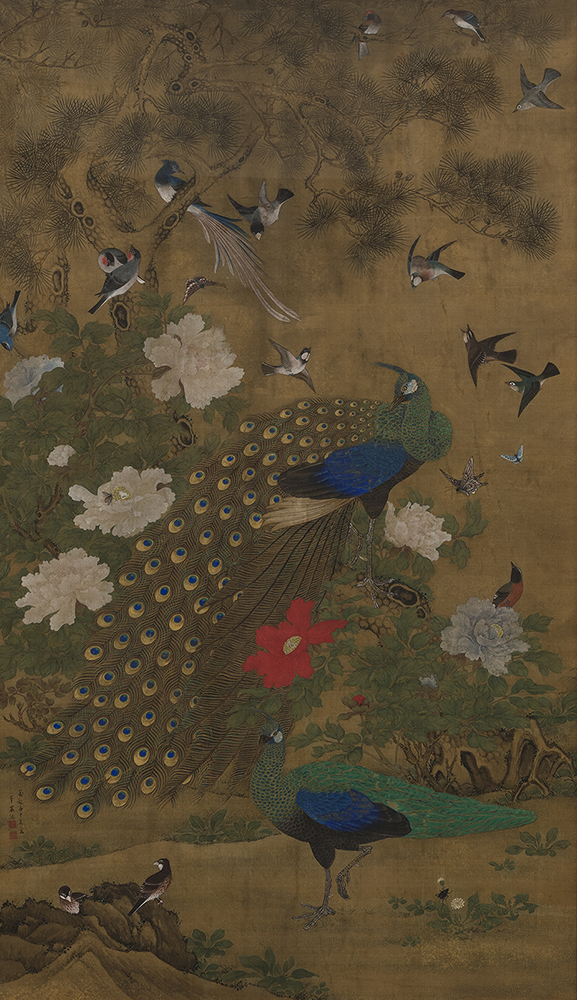 Peacock with flowers and birds