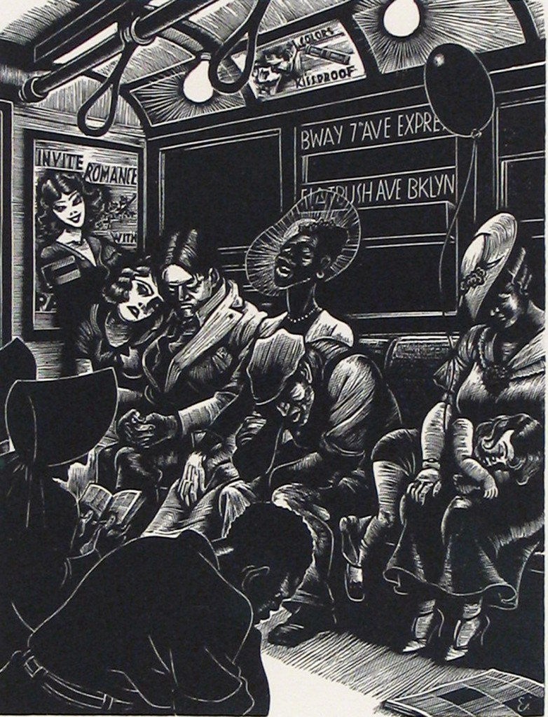 block print of people on a train