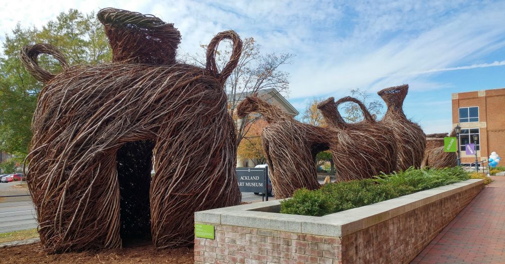 A row of giant vessel-shaped sculptures made out of sticks