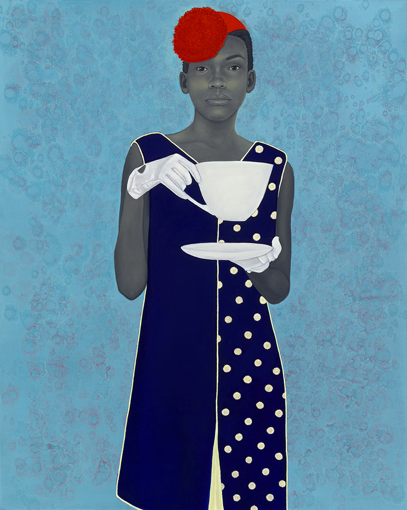 Girl in blue dress and red hat holding teacup