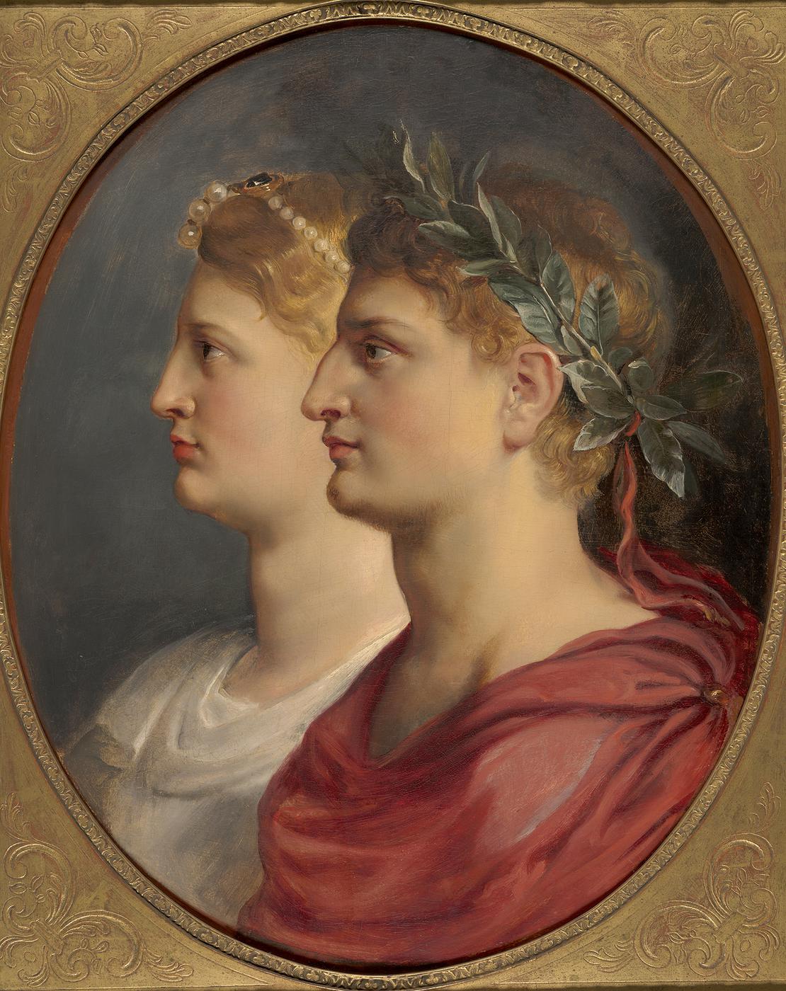 A painting of two people with light hair and skin, one wearing a laurel crown, shown in profile from the shoulders up