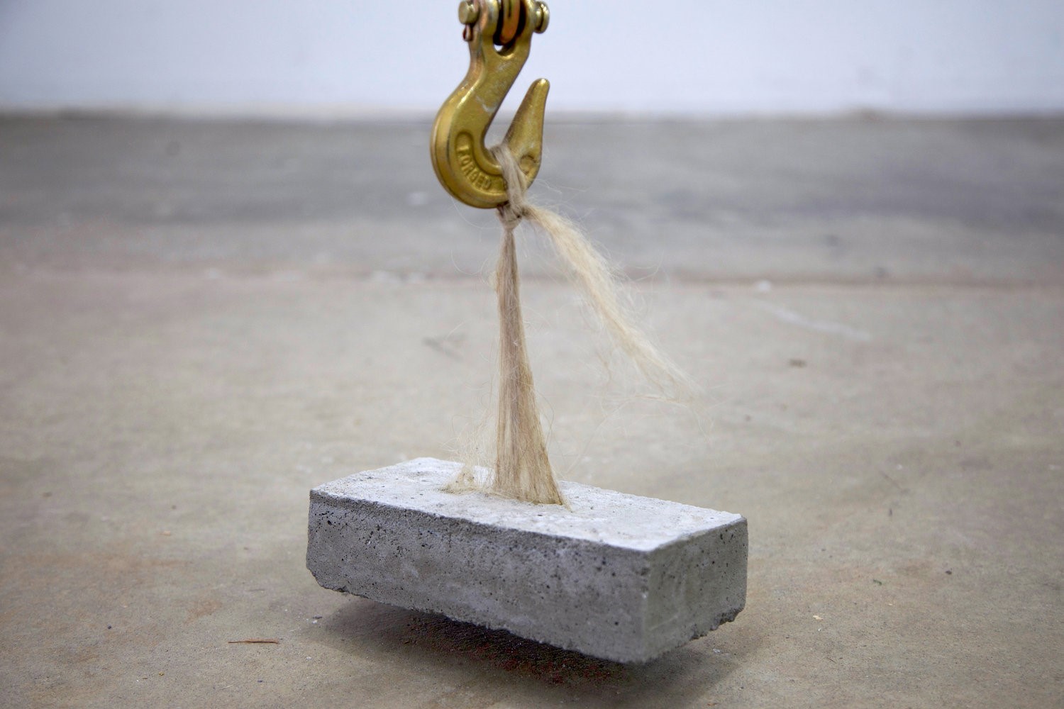 A gold colored hook holds up a cement block by an attached bunch of blonde hair