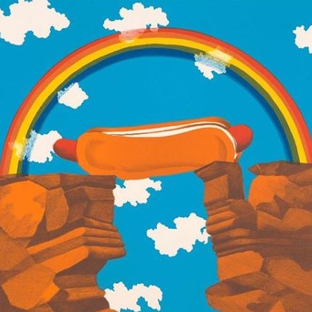 lithograph of a hot dog bridge over a canyon with a rainbow over it and a cloudy sky in the background