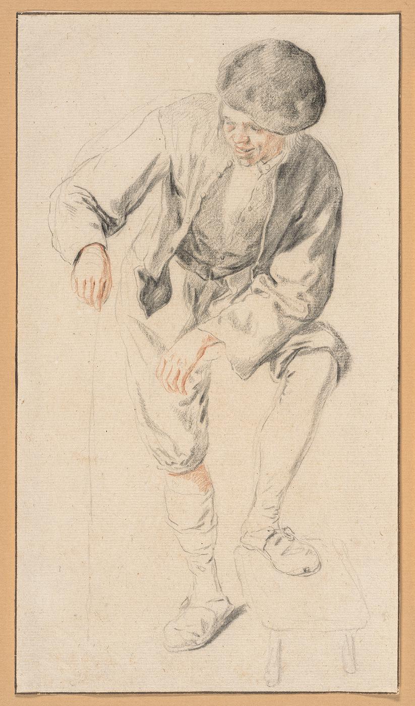 drawing of a man with his foot on a stool