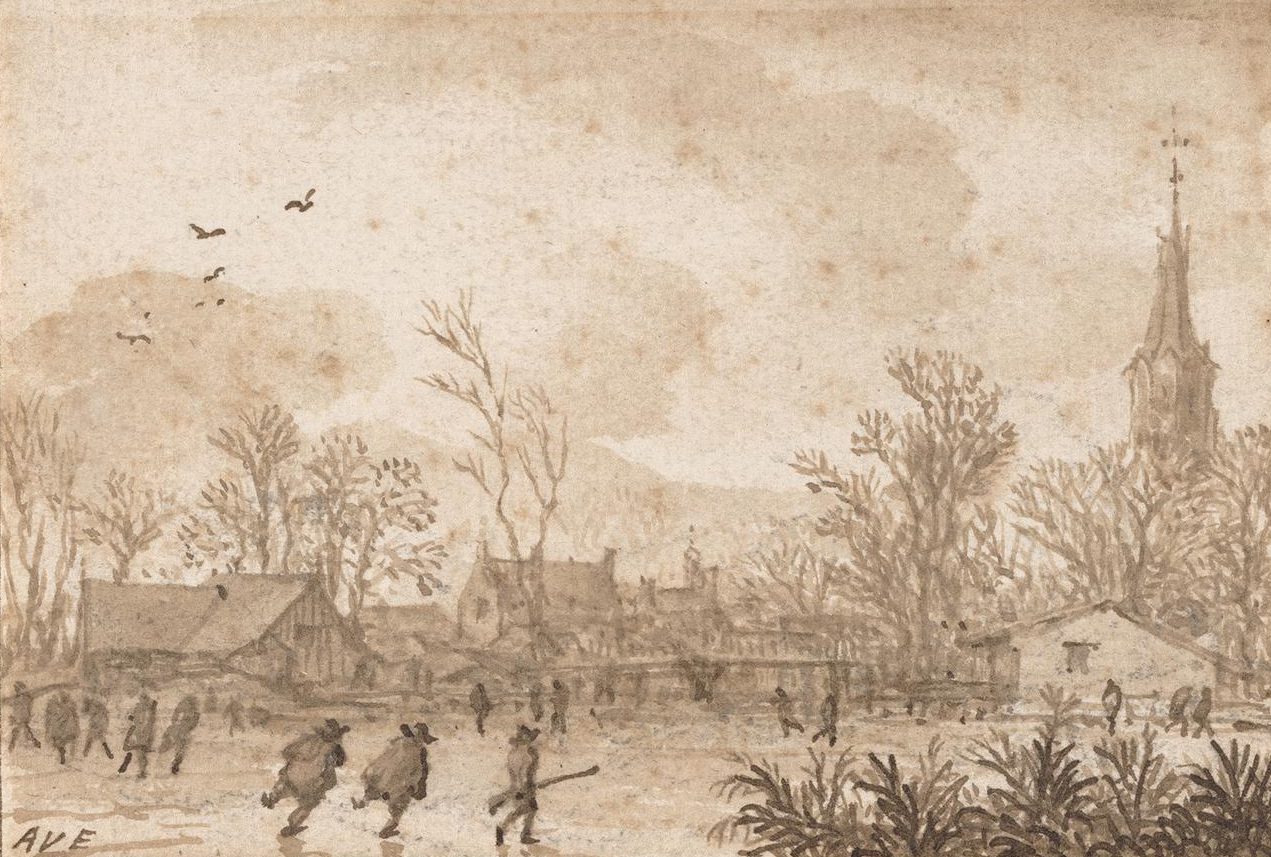 Winter scene with skaters and hunters