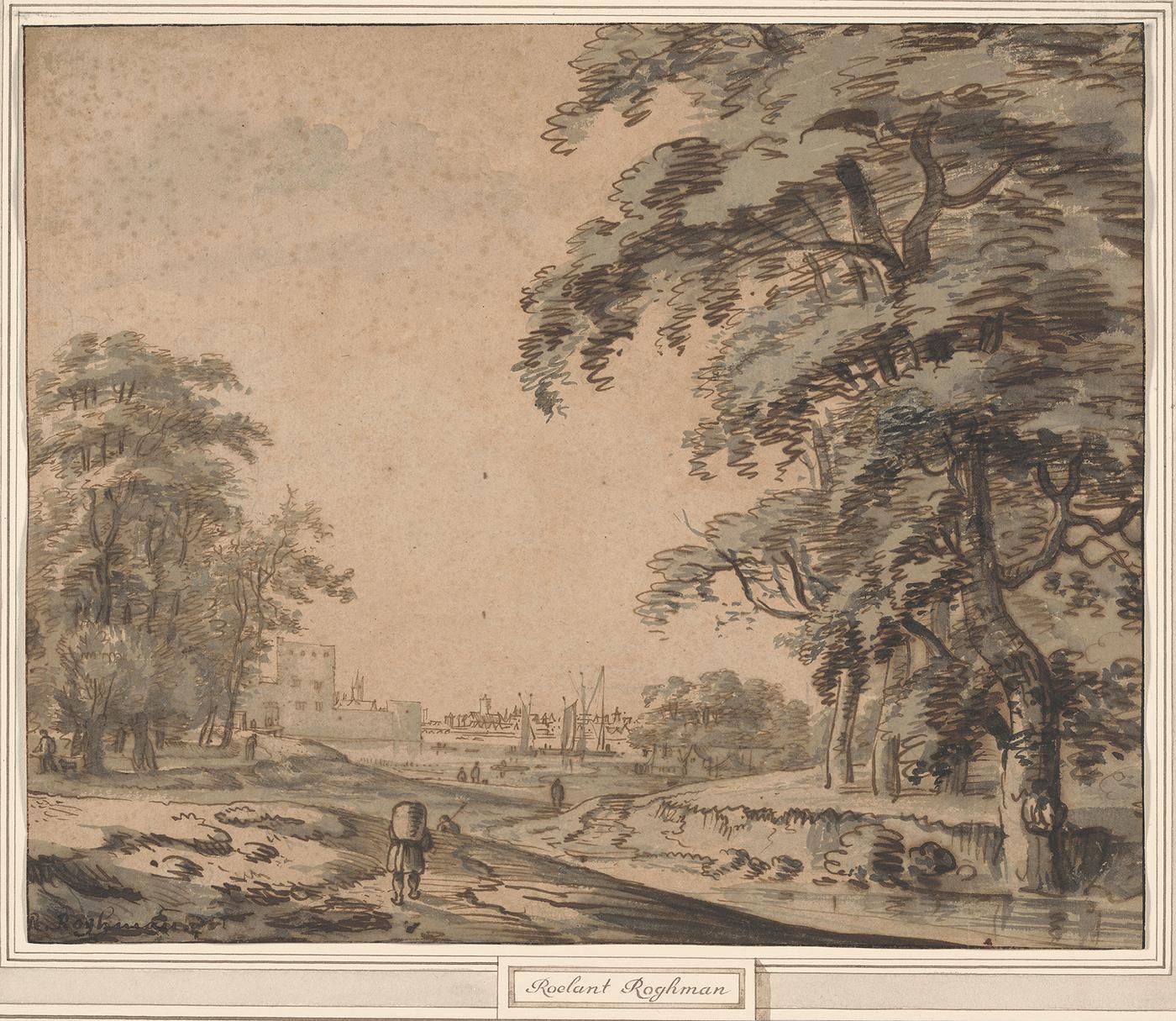 Drawing of High trees by a river with a town in the distance