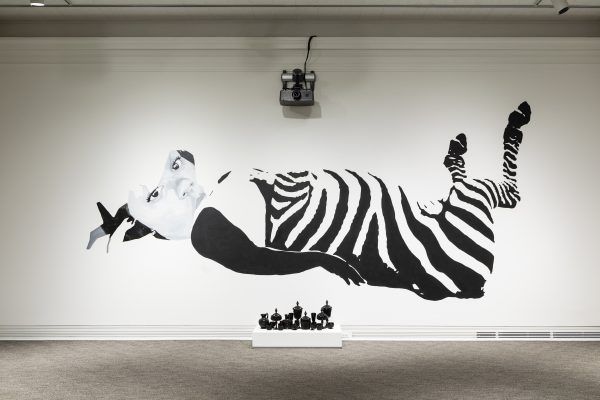 A grayscale painting of Breonna Taylor with the body and legs of a zebra