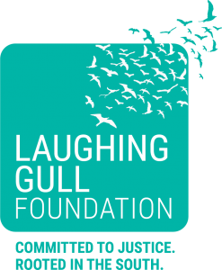 A turquoise logo with white text and an image of a flock of gulls in flight