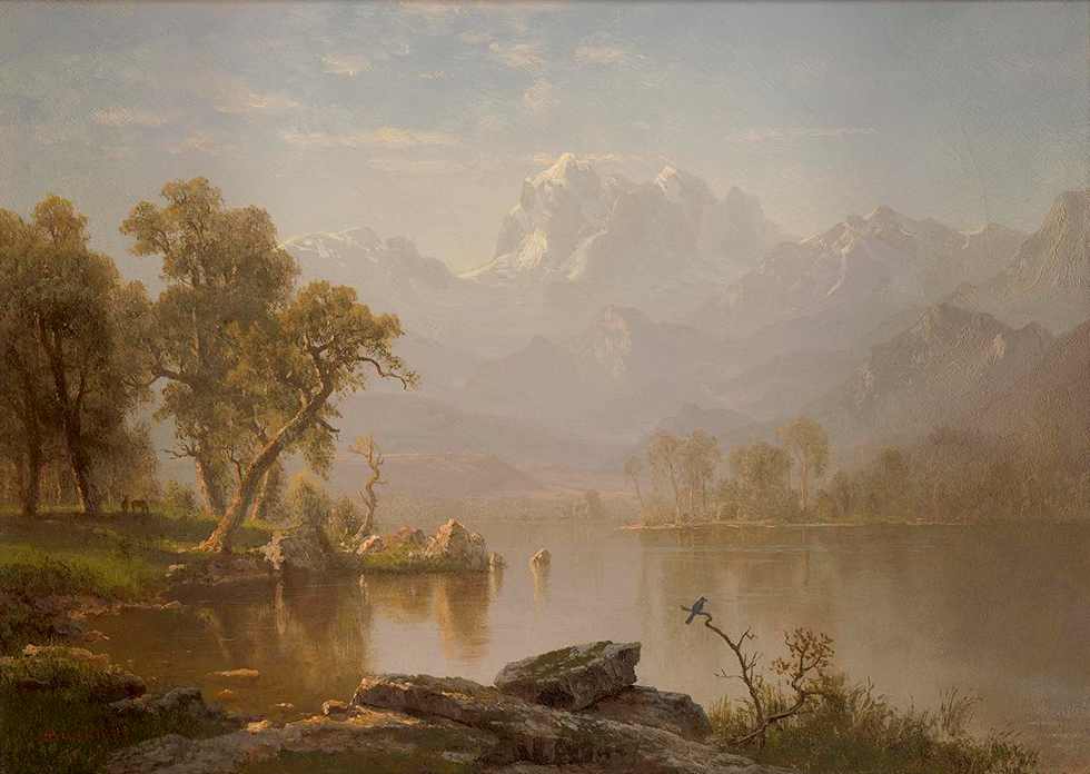 A painting of a wide river with trees and snow-capped mountains in the background