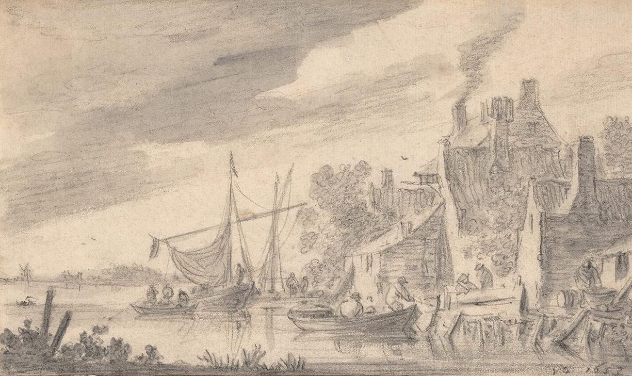 A black and white drawing of a river scene with boats and some buildings on the shore.