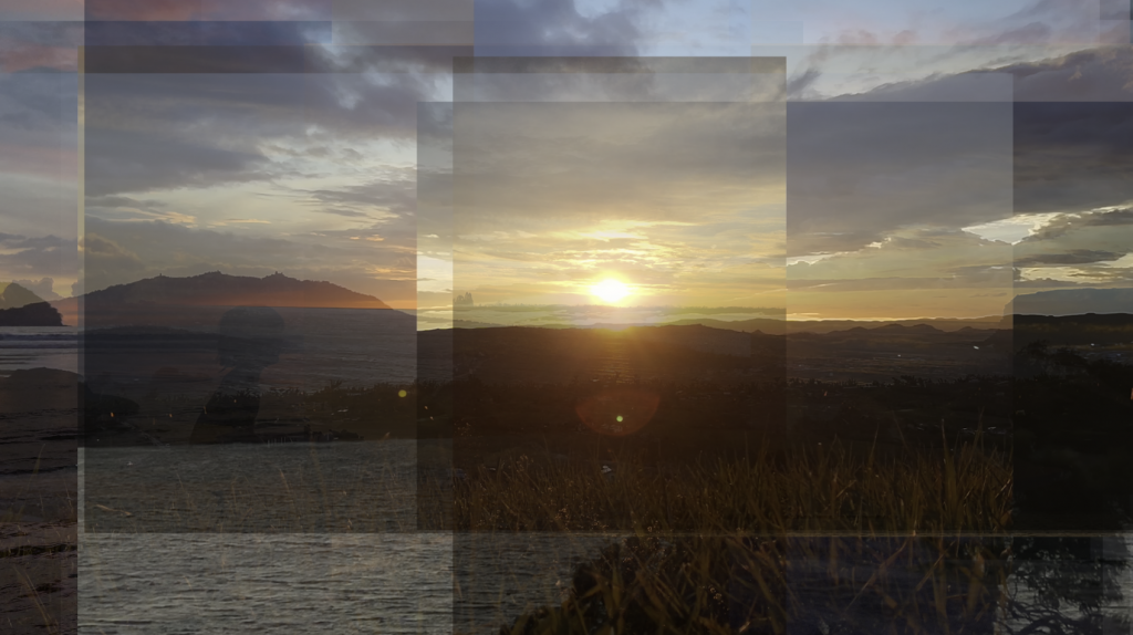 A composite image of a sunrise or sunset made of multiple overlapping photographs