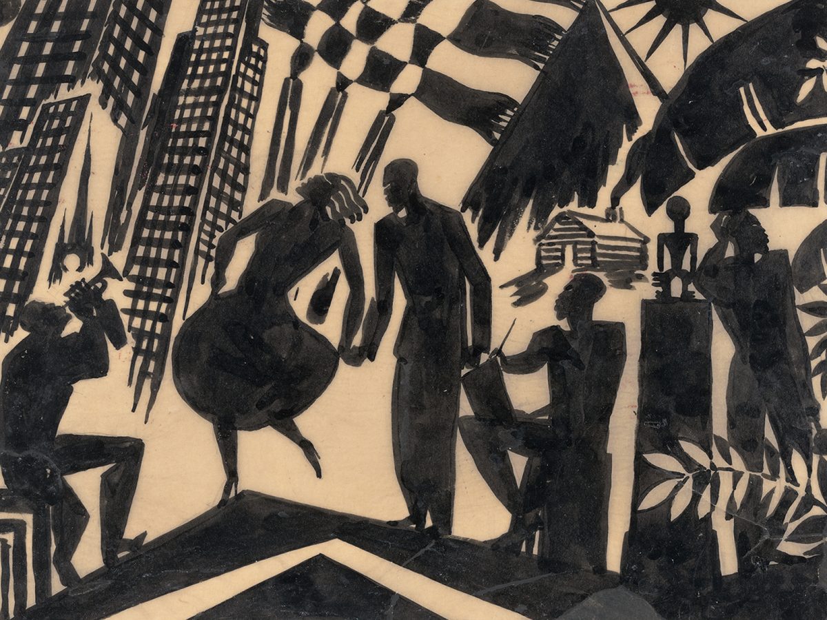 Drawing in black ink of figures in silhouette dancing and playing musical instruments. Surrounding the figures are geometric patterns and foliage with tall buildings in the background.
