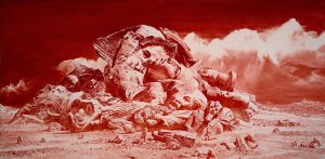 Monochromatic red painting of fragmented statues and monuments stacked into a pyramid