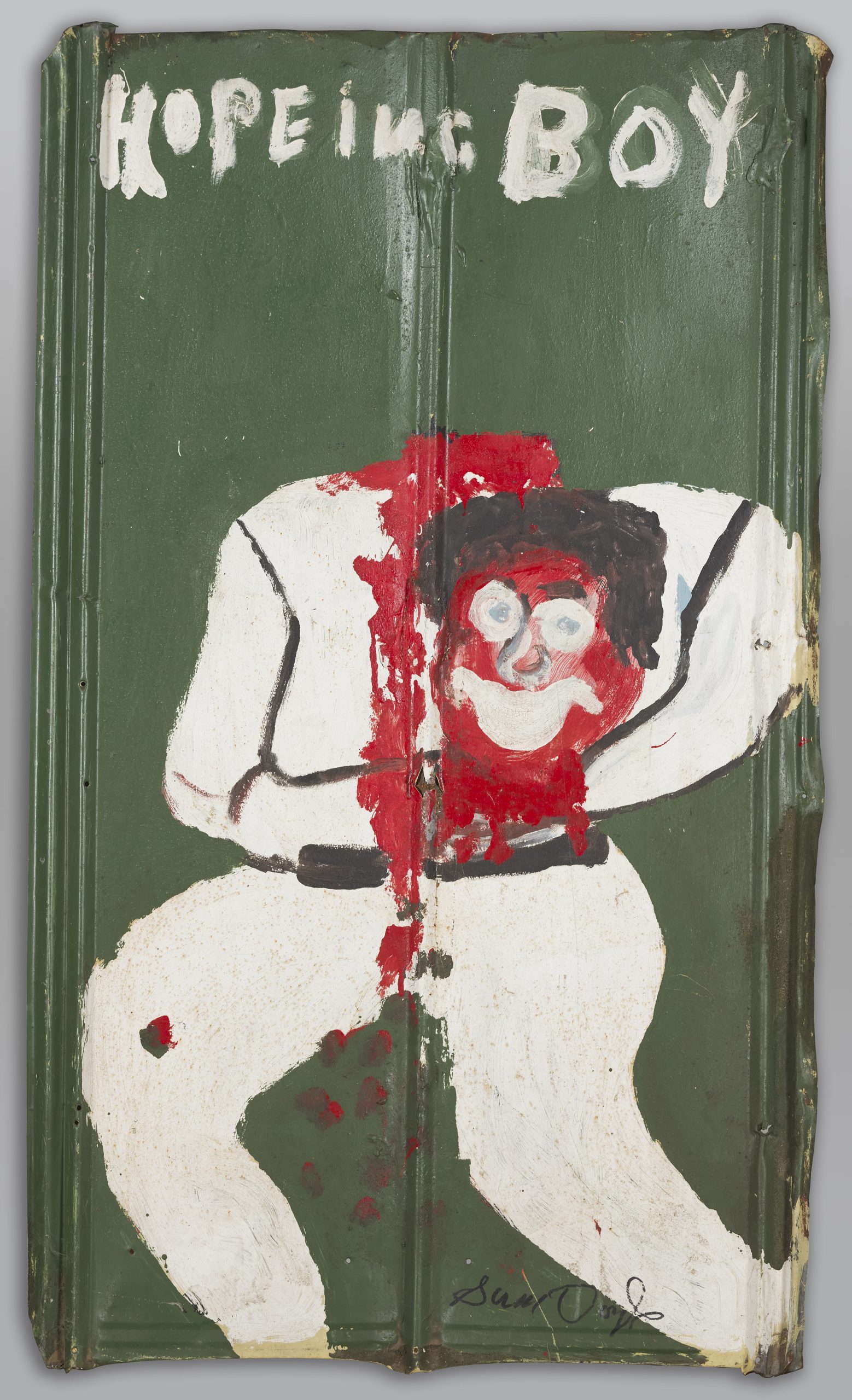 A painting of a headless white figure holding its own bleeding head