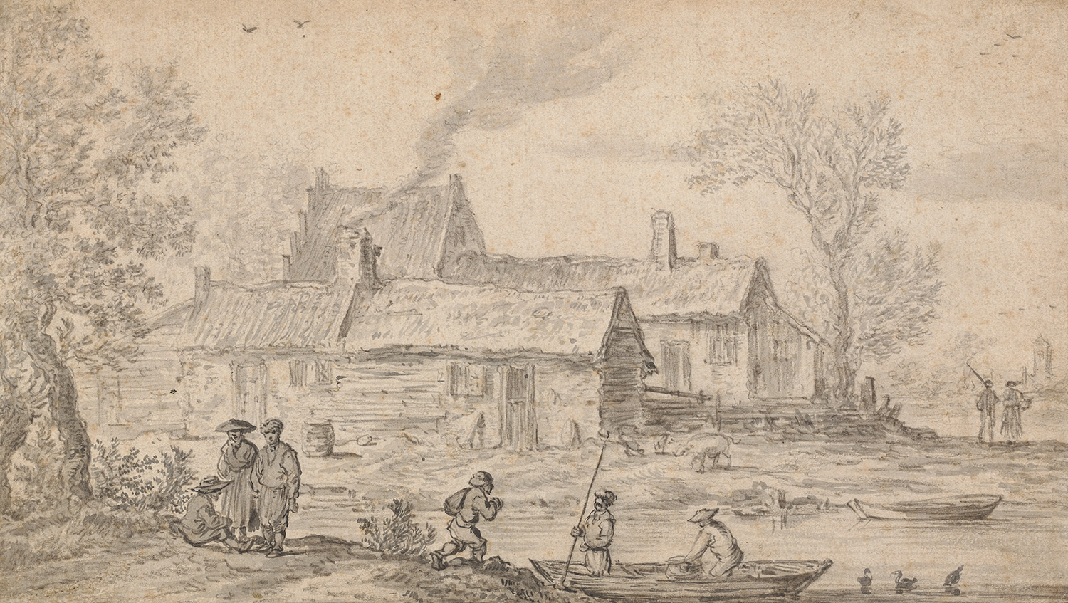 A sketch of a group of houses with people in the foreground