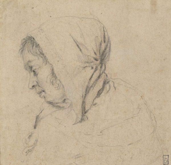Drawing of a woman's head seen from the side. She is wearing a bonnet.