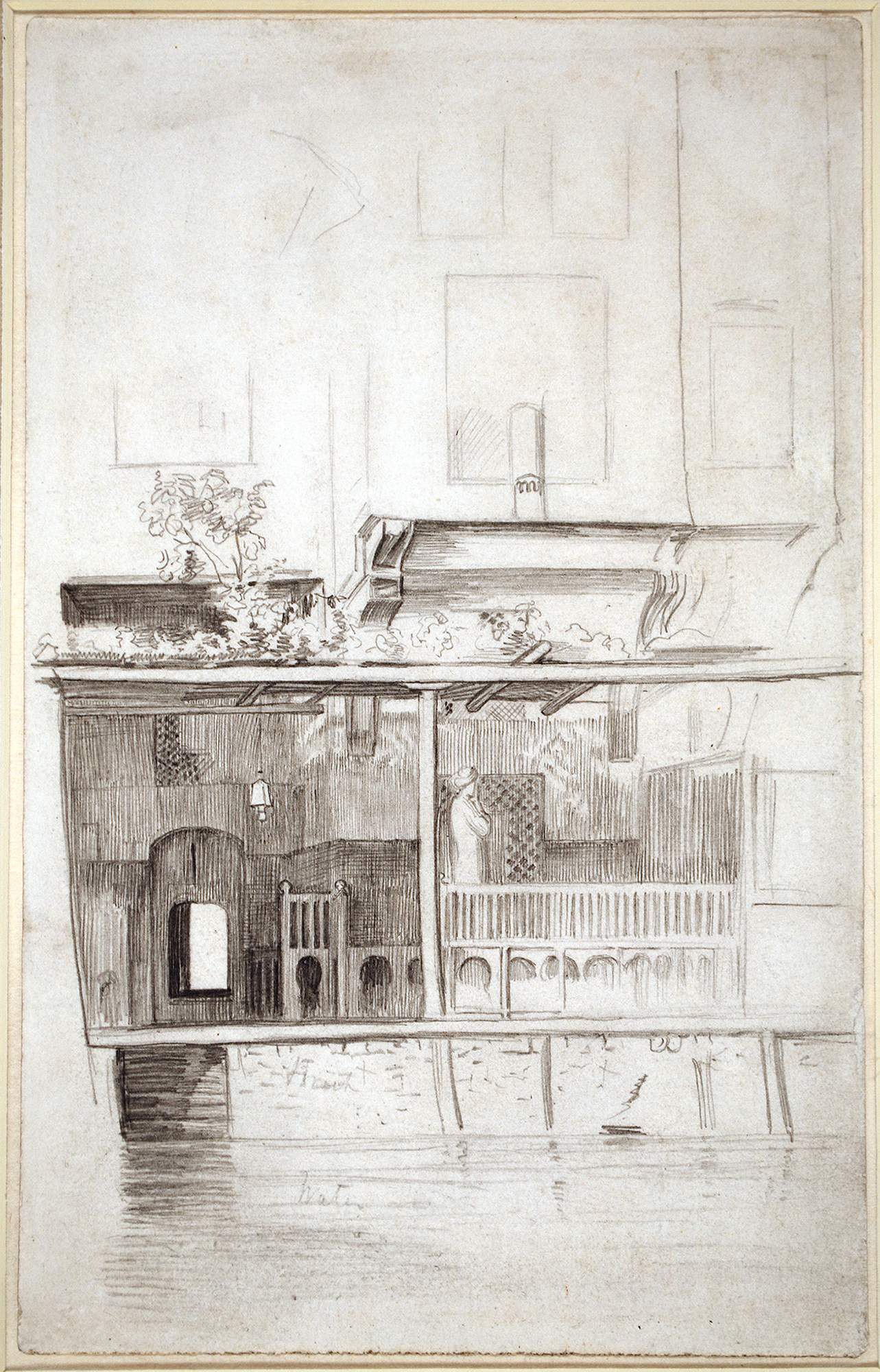 A drawing of the courtyard of a waterfront home