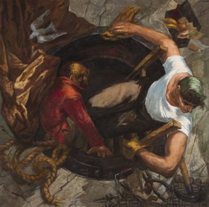 Painting of two men partially in a manhole surrounded by a bird, work tools, and a boxed lunch all viewed from above.