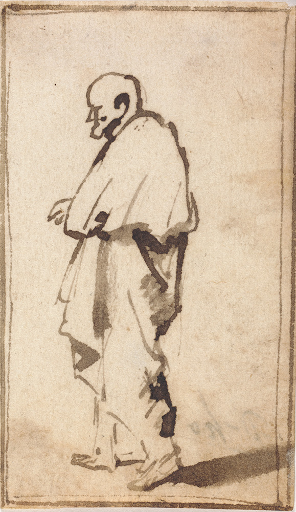 A drawing of a bald man in a cloak seen from the side