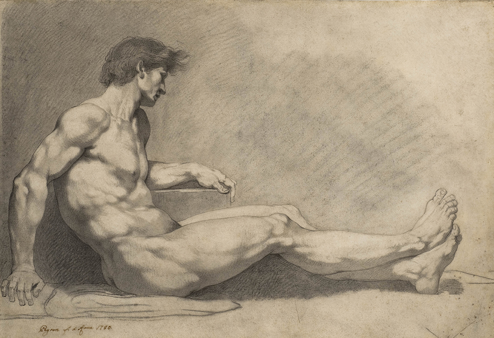 An unclothed man with pale skin sits on the ground with legs outstretched