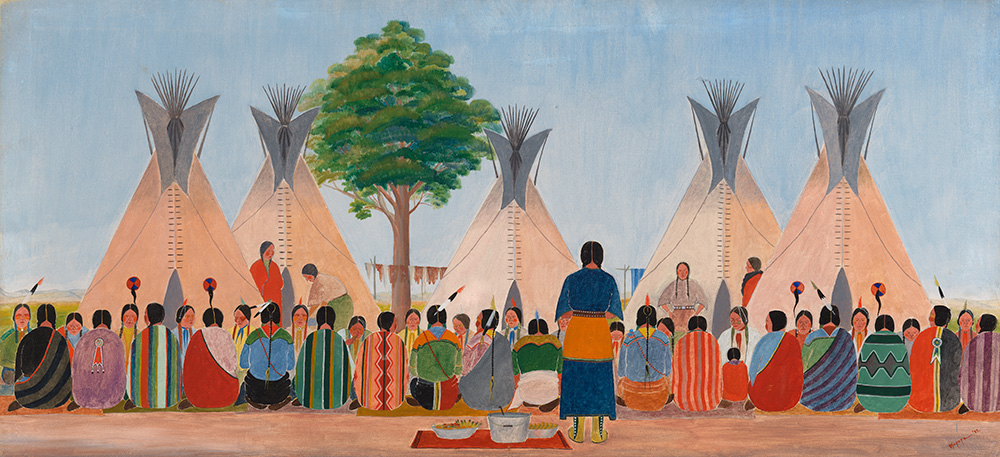 Brightly-dressed people surrounding a group of teepees and a green tree