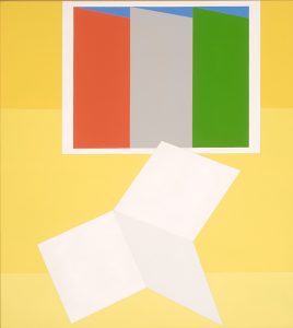 A painting with shapes in red, gray, green, and white on a yellow background