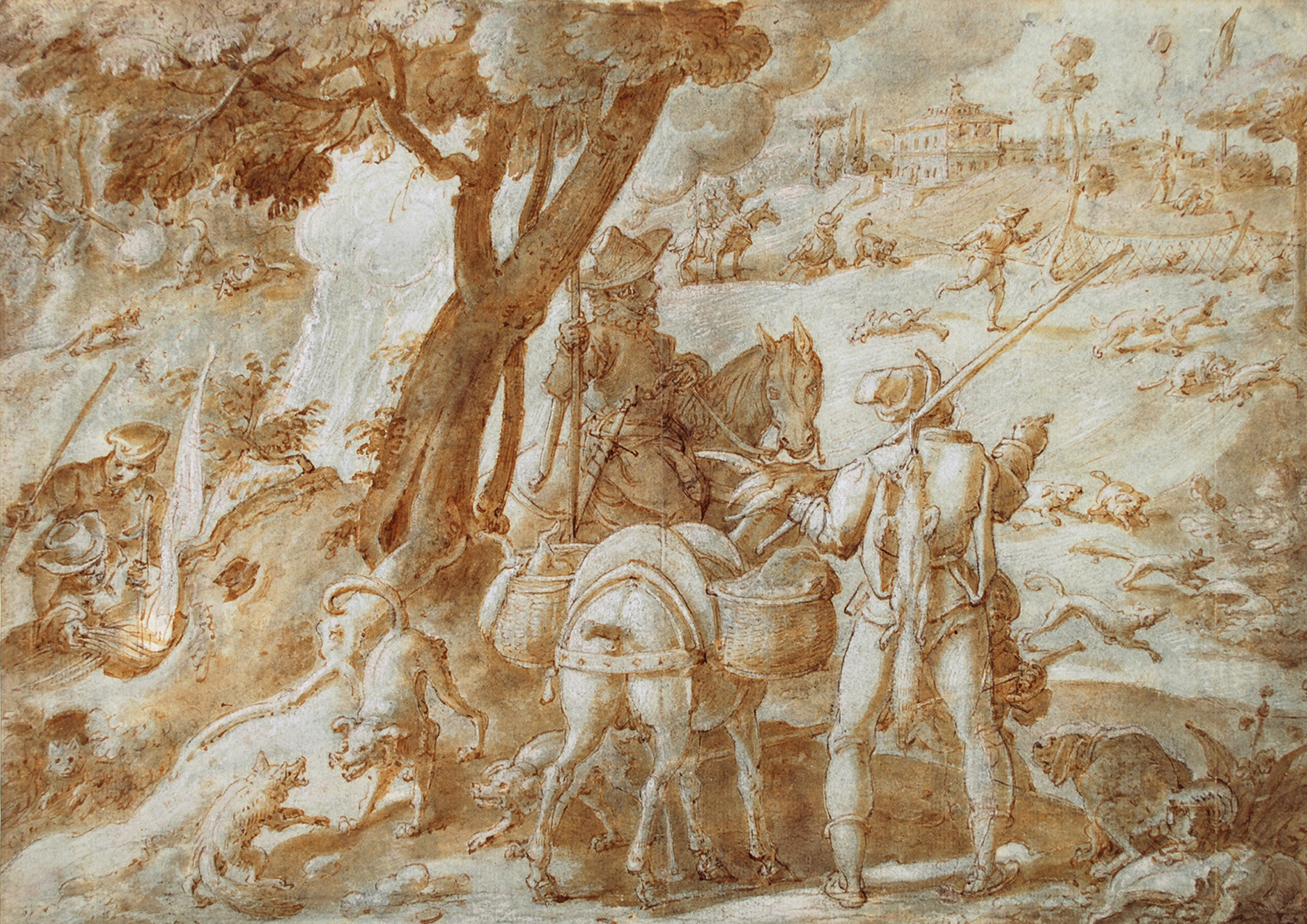 Two men hunting in a forest; one is riding a horse and the other is standing.