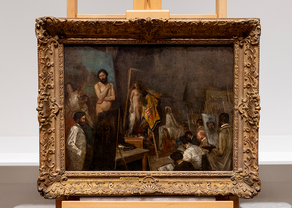 A painting of a group of men painting from life in an artist's studio
