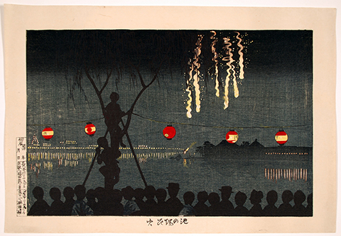 Children in a tree watch fireworks in a dark sky