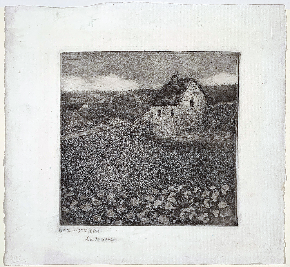 A black-on-white etching of a cottage in a field with a cloudy sky overhead