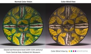 An image showing normal color vision view of a glazed ceramic bowl and color blind view of a glazed ceramic bowl.
