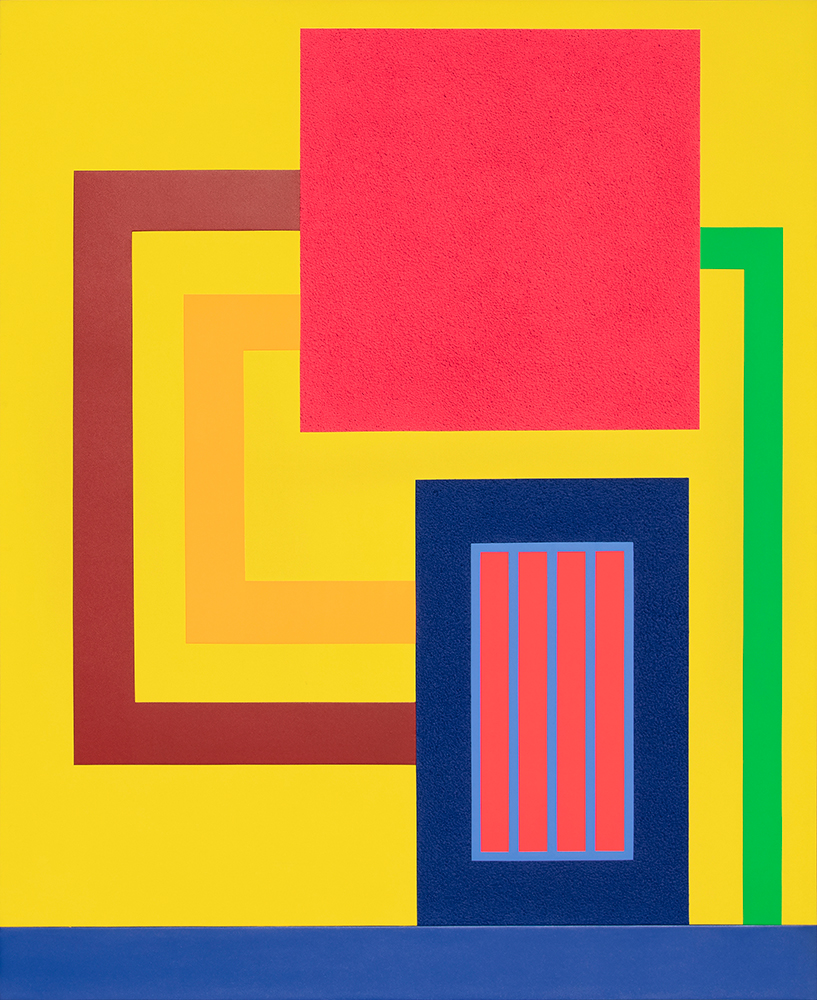 A colorful painting of superimposed squares and rectangles in brown, yellow, red, blue, and green on a light yellow background