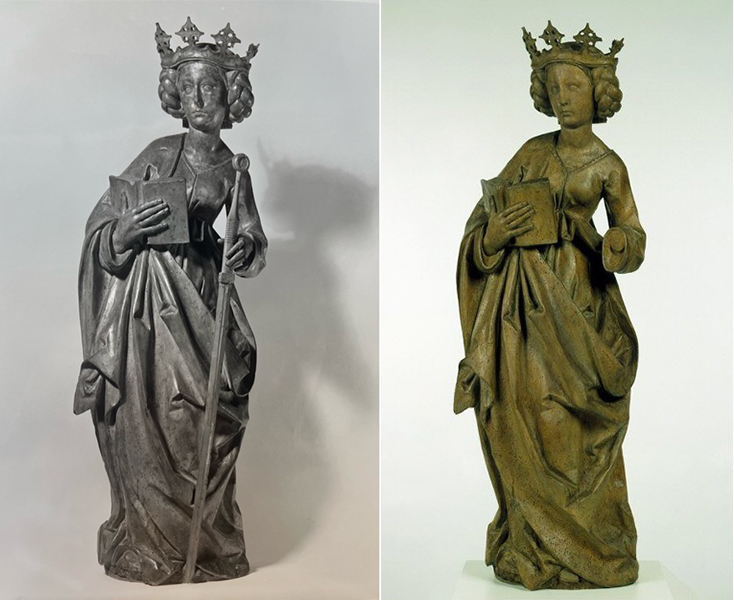 Before and after shots of a restored wooden sculpture of a woman in flowing robes and a crown