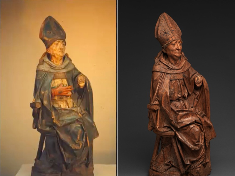 The same sculpture of a man in elaborate robes and a tall pointed hat; on the left, the sculpture is painted. On the right, the paint has been removed.