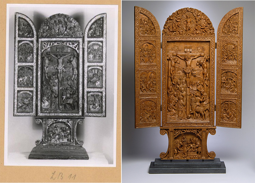 Before and after shots of a carved wooden altarpiece with paint and with paint removed.