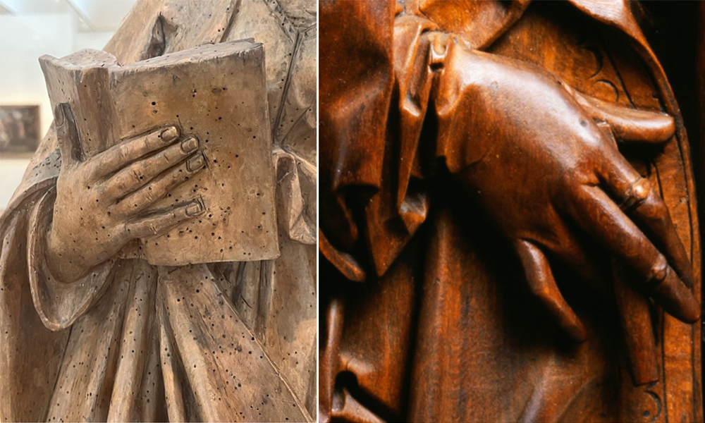 On the right, a detail of a wooden sculpture of a human figure. The sculpture was once painted, but the paint has been removed. The photo shows a hand holding a book. On the right, a detail of another wooden sculpture also showing a human hand. This wood is shinier and was never painted by the artist.