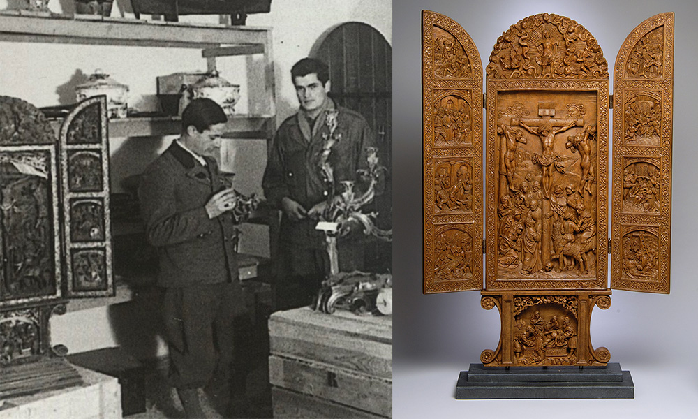 Left: two men in uniform stand in a room of stolen art. Right: a recent photo of one of the same works of art, a carved wooden sculpture.