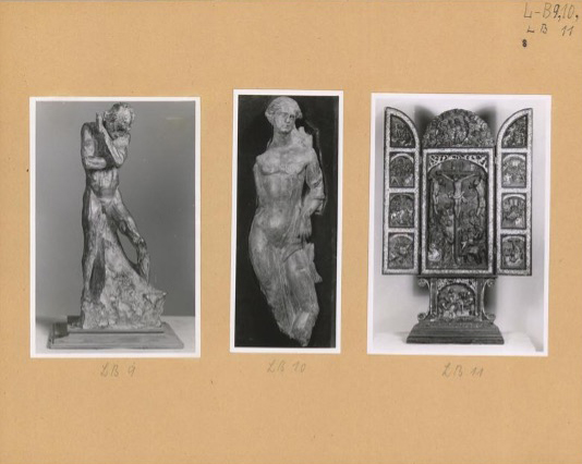 Black and white photos of three art objects looted by the Nazis in World War II