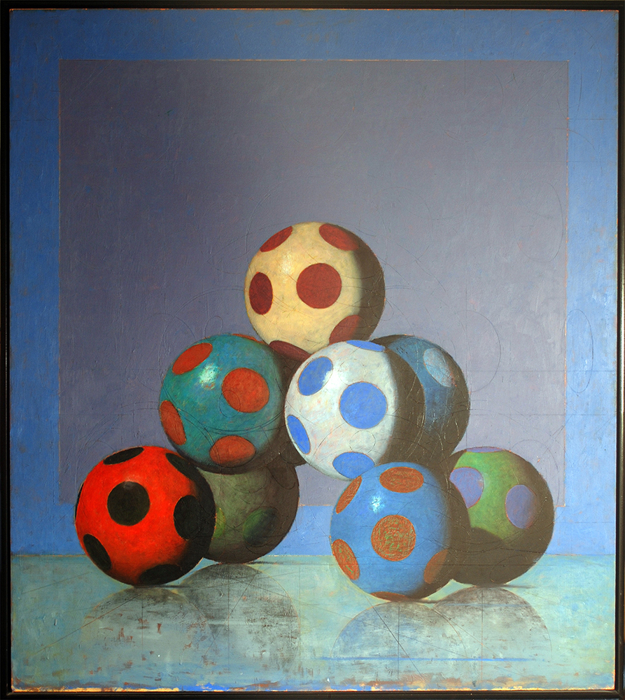 A painting of piled-up multicolor polka dot spheres