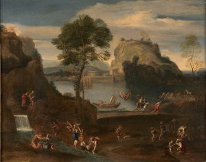 Landscape painting of a river scene with people engaged in a variety of activities.