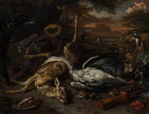 Painting of a deer and heron with hunting objects in the foreground and a hunting scene in the background.